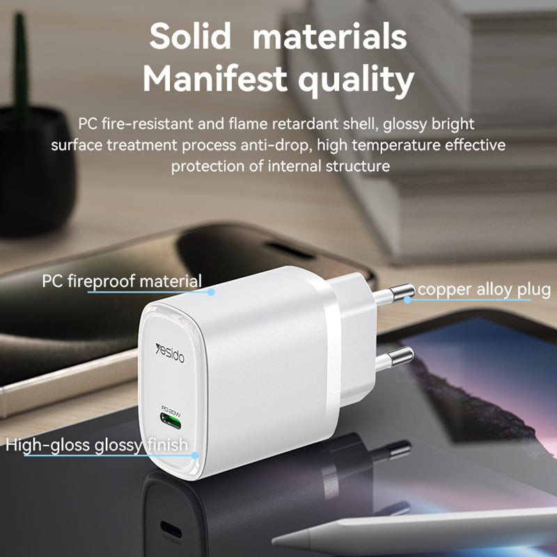 YESIDO YC57 EU Plug USB-C Charger 20W Powerport Compact High Speed Wall Charger YESIDO YC57 EU Plug USB-C Charger 20W Powerport Compact High Speed Wall Charger